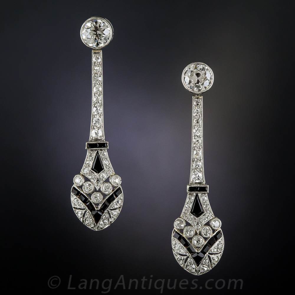 Platinum Art Deco Diamond and Onyx Earrings