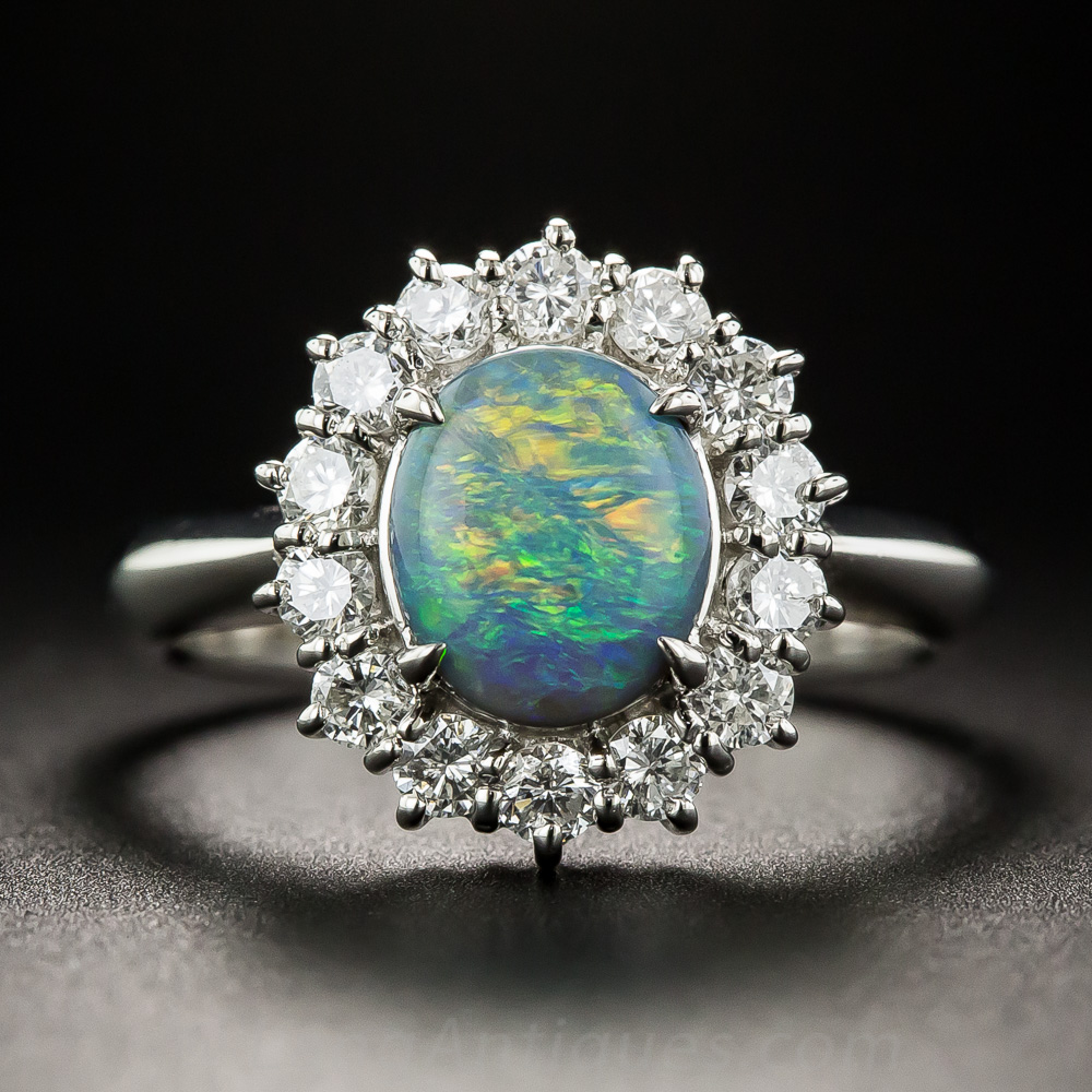 Platinum Black Opal and Diamond Halo Ring - Everything - Vintage Jewelry