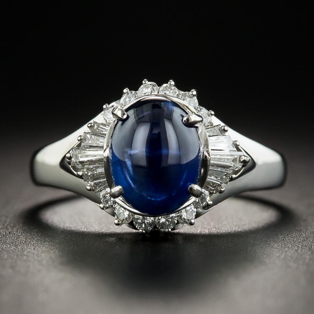 Platinum Cabochon Sapphire Diamond Ring - Antique & Vintage Gemstone ...