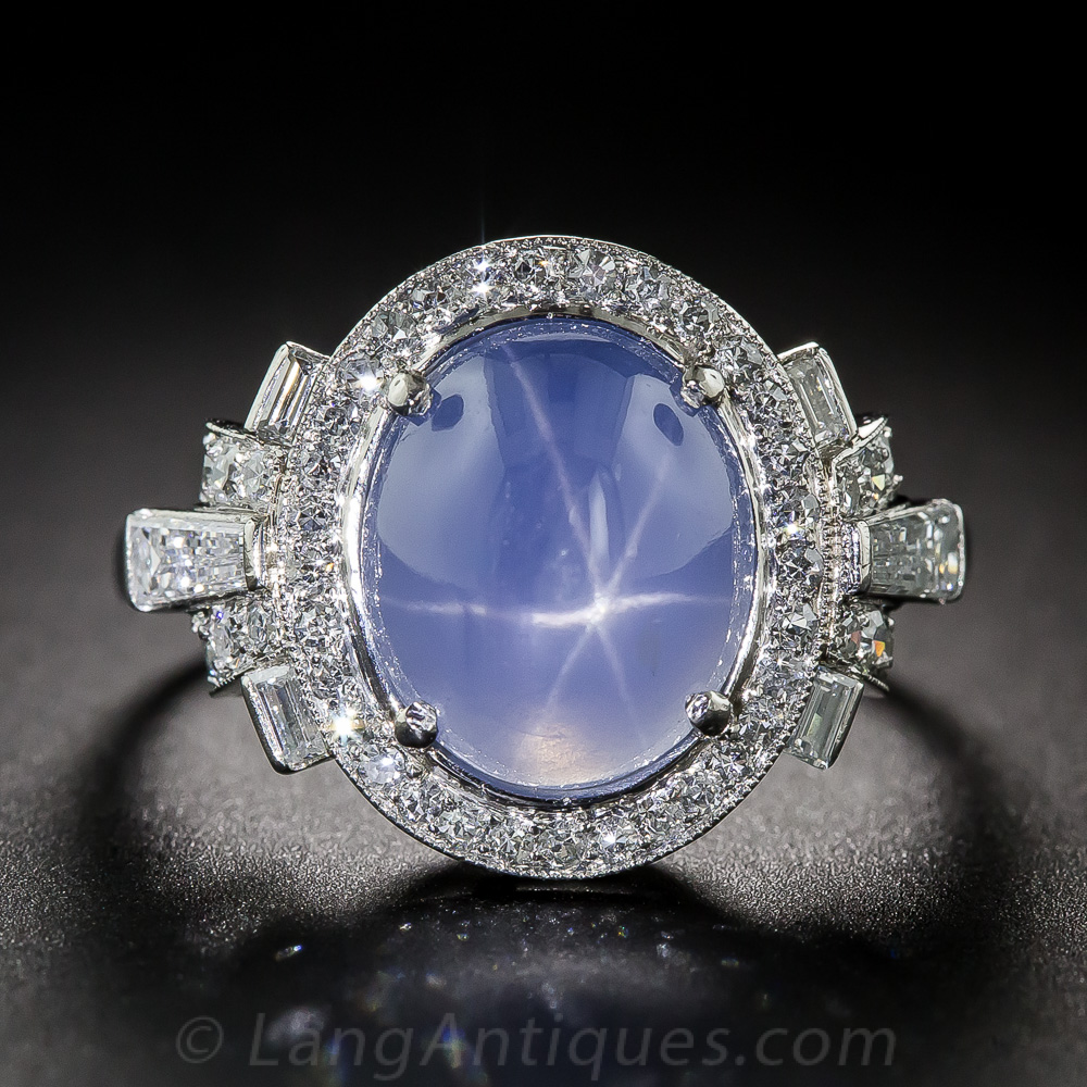 Raymond Yard Art Deco Blue Star Sapphire and Diamond Ring