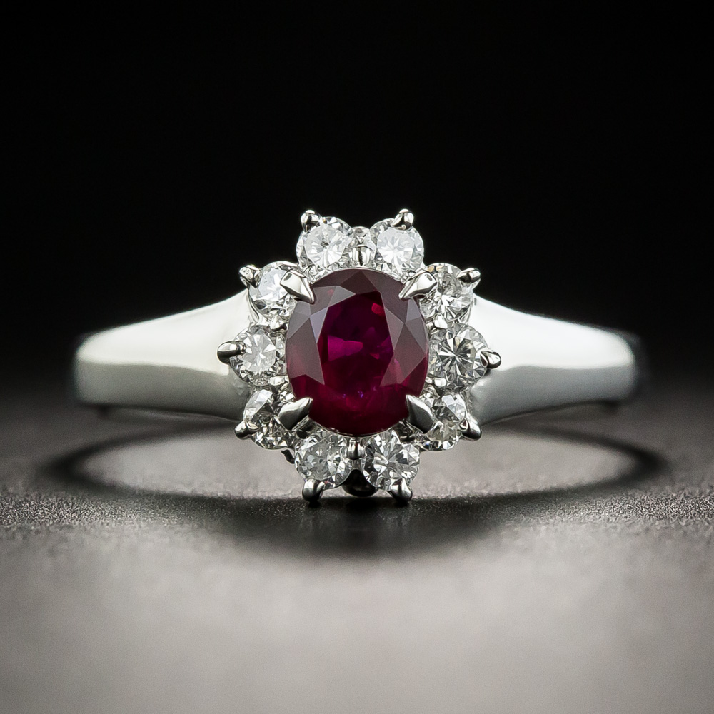 Small Estate Ruby and Diamond Cluster Ring - Antique & Vintage Gemstone ...