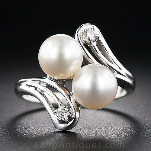 Twin Cultured Pearl and Diamond Estate Ring