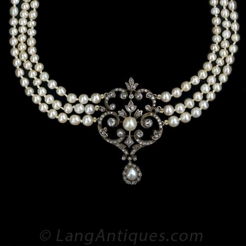 Victorian Natural Pearl and Diamond Necklace, Circa 1895