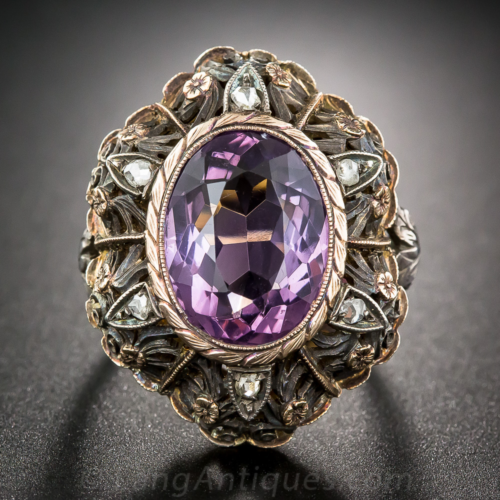Vintage Amethyst and Diamond Italianate Motif Ring