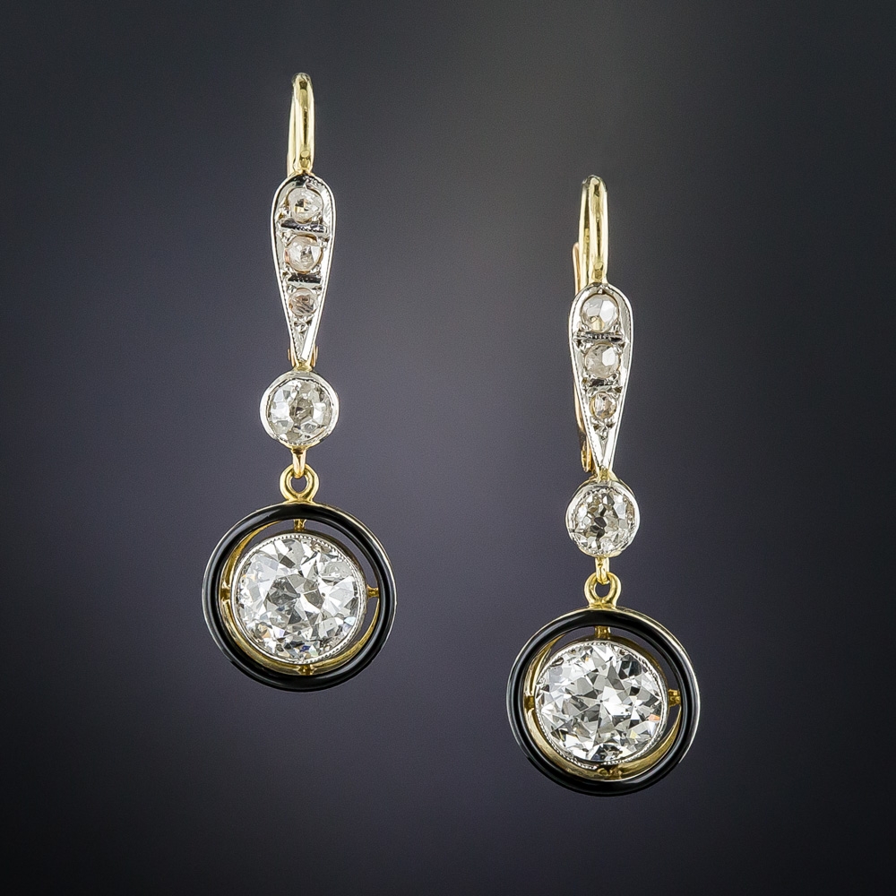 Vintage Diamond and Black Enamel Drop Earrings
