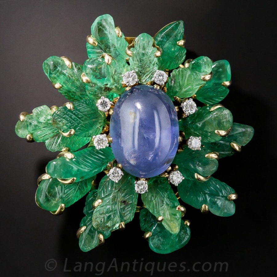 Emerald and Star Sapphire Floral Clip Brooch