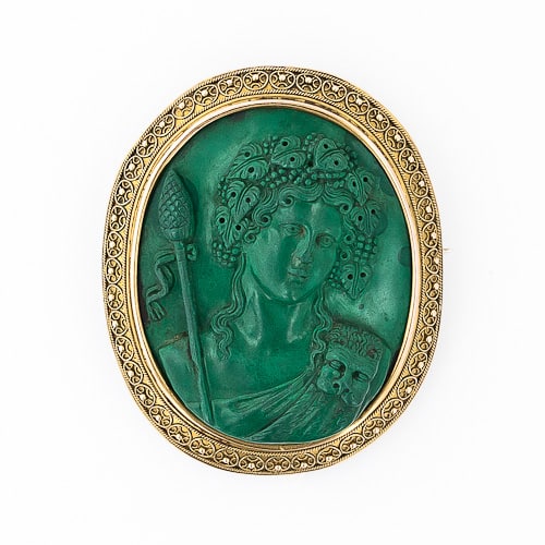 Etruscan Revival Malachite Dionysus Brooch.