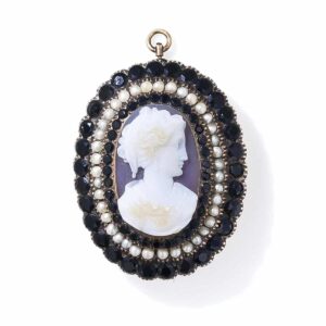Victorian Mourning Cameo with a Surround of French Jet and Seed Pearls.