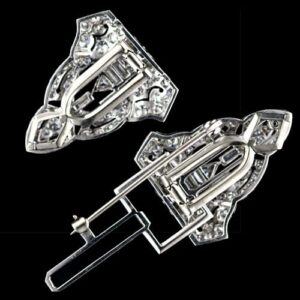 Art Deco Diamond Double Clip Brooch. Detail of the Reverse Illustrating the Removable Brooch Frame, Converting the Brooch to Two Clip Brooches.