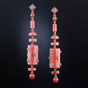 Art Deco Diamond and Coral Drop Earrings.