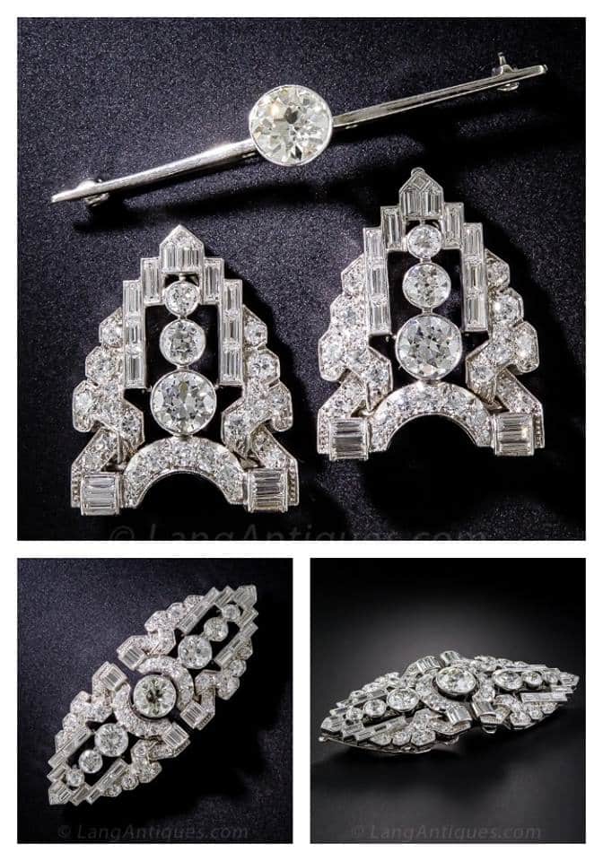 A Pair of Classic Art Deco Double Clip Brooches Joined by a Diamond Set Bar Brooch which May be Worn Separately.