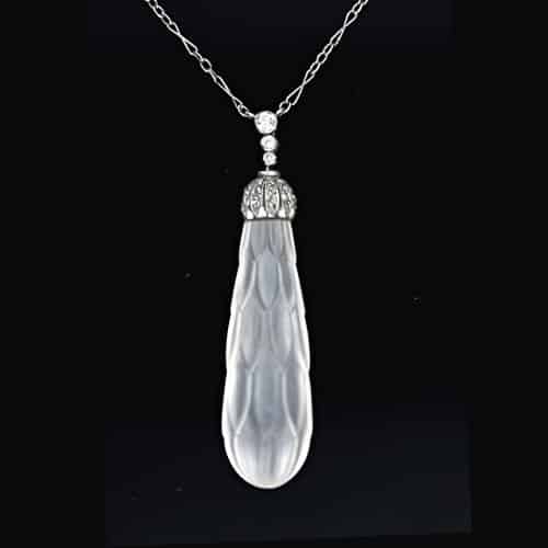 Frosted Rock Crystal Quartz and Diamond Deco Pendant.