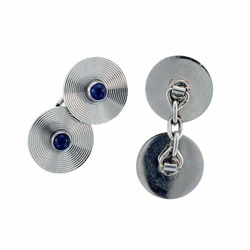 French Art Deco Sapphire, 18K White Gold Ribbed Cuff Links.