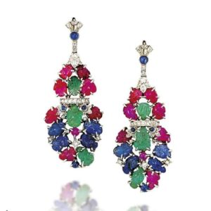 Art Deco Tutti Frutti Ruby, Sapphire Emerald and Diamond Earrings.