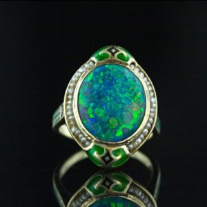 Art Nouveau Black Opal, Seed Pearl and Enamel Ring.