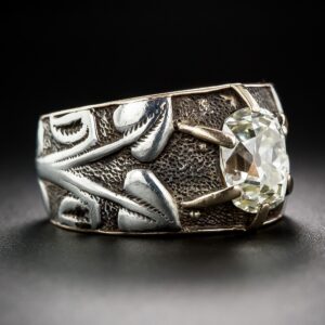 Art Nouveau Cushion-Cut Diamond Floral and Foliate Silver and Yellow Gold Engagement Ring.