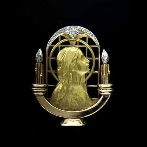 Art Nouveau 18k Yellow Gold Madonna Brooch in the Medallist Style.