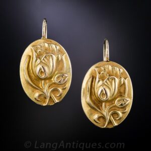 Art Nouveau 18k Yellow Gold Repoussé Tulip Blossom Earrings