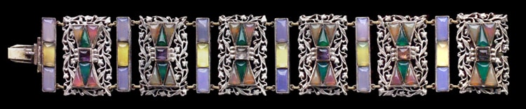 Sibyl Dunlop Arts & Crafts Chalcedony, Amethyst, Silver Bracelet, c.1930.
