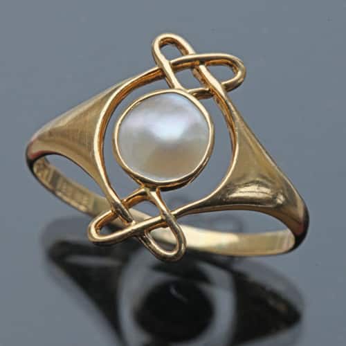 Archibald Knox, Murrle, Bennett & Co. Arts & Crafts Pearl, Gold Ring, c.1900.