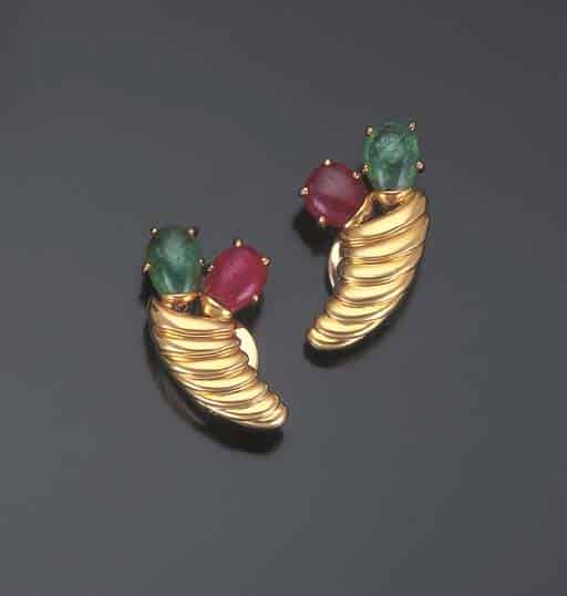 Pair of Ruby and Emerald Gold Earrings by Suzanne Belperron. Photo Courtesy of Christie's.
