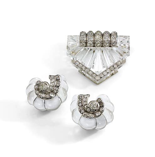 Carved Rock Crystal Brooch and Earrings, c.1935 Suzanne Belperron.