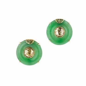 Jadeite Bi Earrings with Chinese Character Center.