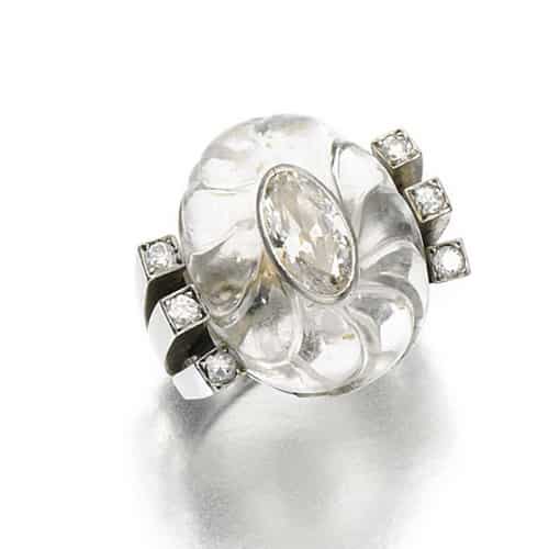 Boivin Art Deco rock crystal ring in floral motif