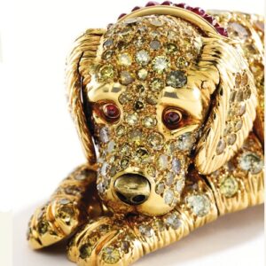 Detail of an Articulated Labrador Retriever Brooch Set With Diamonds, Colored Diamonds, Citrines and Rubies. The Detachable Collar May be Worn as a Ring. Signed René Boivin Paris. Photo Courtesy of Sotheby's.