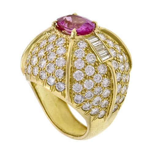 Pink Sapphire and Diamond Pavé Bombé Ring Antique Jewelry University
