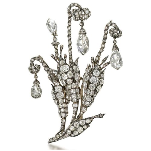 Mid-Nineteenth Century Fuschia Design Diamond Brooch with en Tremblant Stems Suspending Detachable Briolette Cut Diamonds. Photo Courtesy of Christie's.