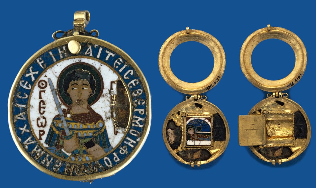 Byzantine Reliquary Depicting St. George. The Pendant Opening to Reveal Four Relic Compartments and a Hinged Panel. The Interior Panel Decorated by an Enamel Representation of St Demetrius in the Tomb Concealing a Recumbent Golden Figure. © Trustees of the British Museum.