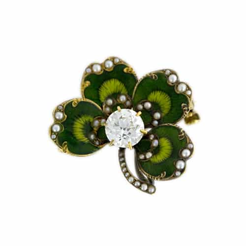 Four-Leaf Clover Diamond Watch Pin, with Basse-Taille Enameling.