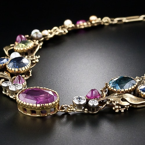 Arts & Crafts Multi-Color Sapphire Necklace with Pierced Collets.