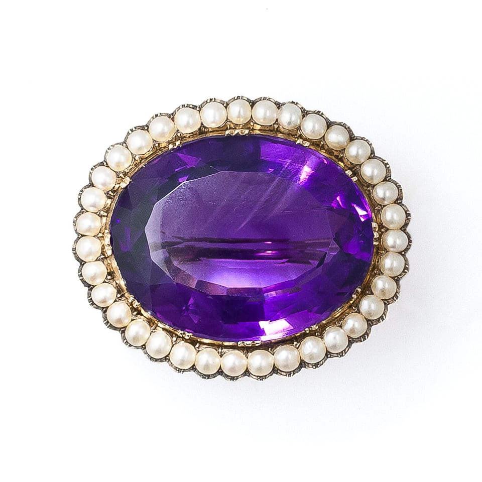 Amethyst Brooch with Pearl Surround.