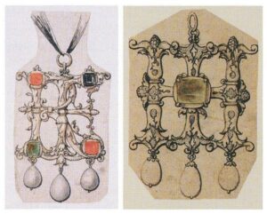 Two Holbein Pendant Designs for Jeweled Initials. © The Trustees of the British Museum.