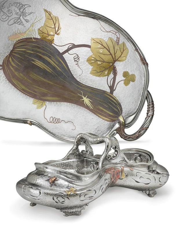 Edward C. Moore for Tiffany & Co. Mixed Metals Tray c.1878 and Centerpiece c.1880. Photo Courtesy of Christie's
