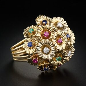 Floral Multi-Stone Boule Ring with En Tremblant Flowerheads. c.1950.