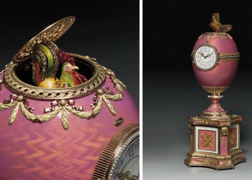 Enameled and Bejeweled Fabergé Egg with Clock and Rooster Automation by Dated 1902. Photo Courtesy of Christie's.