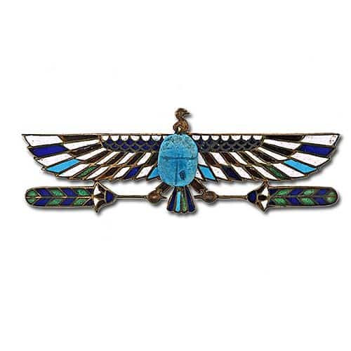 Egyptian Revival Faience and Enamel Scarab Pin. 