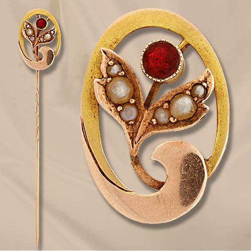 Garnet and Seed Pearl Floral Stickpin.
