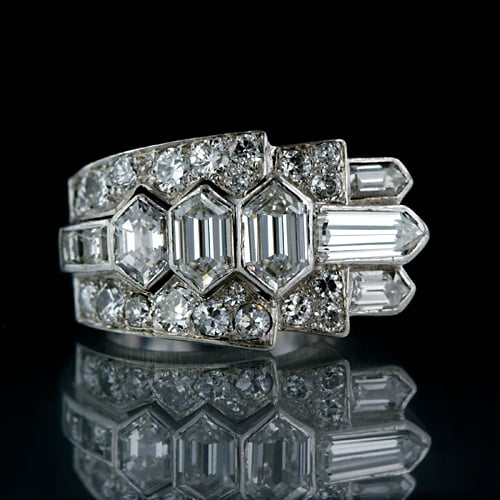 French, Hexagonal, Bullet, Square and European-Cut Diamond Art Deco Ring.