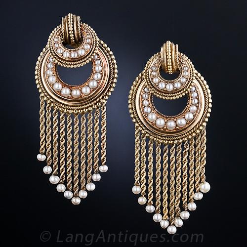 Pair of French Gold and Seed Pearl Fringe Earrings.