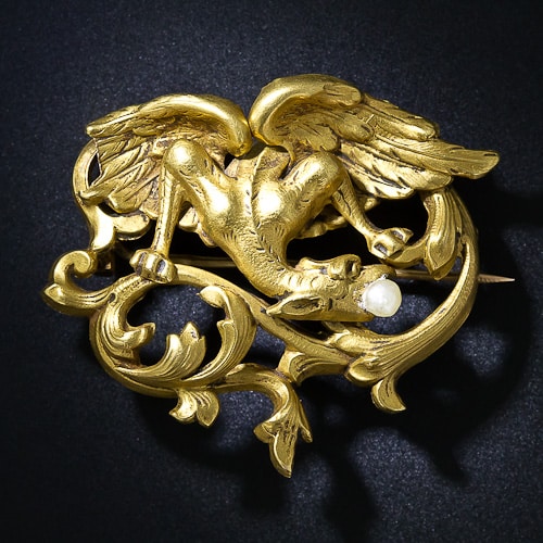French Art Nouveau Griffin Brooch.