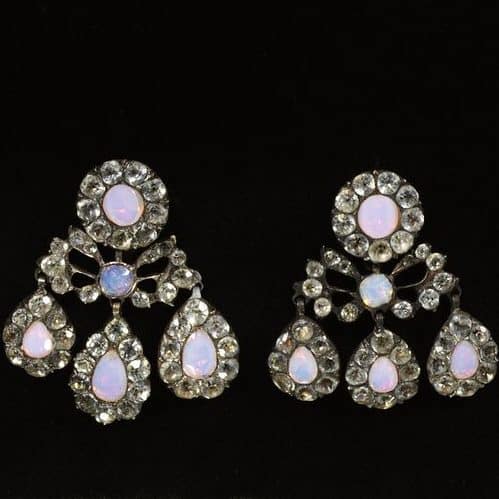 French Opaline Glass and Paste Silver Girondole Earrings. c.1760.