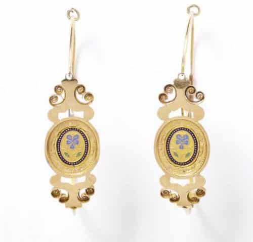 Delicate French Gold and Enamel Poissardes Earrings. c.1820.