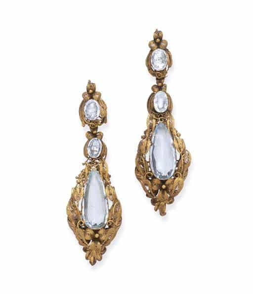 Pair of Garrard Georgian Aquamarine and Canetille Earrings c. 1820. Photo Courtesy of Christie's.