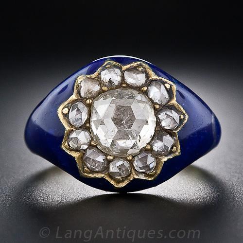 Georgian Diamond Engagement Ring Cobalt Blue Enamel. ©
