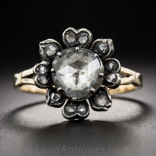 Georgian Floral Motif Rose-Cut Diamond, Silver-Toped Gold Engagement Ring.