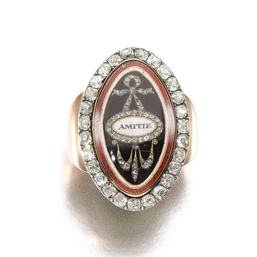 Georgian Memorial Ring with Guilloché and Opaque Enamel.Underside Featuring a Clear Compartment with a Lock of Hair.